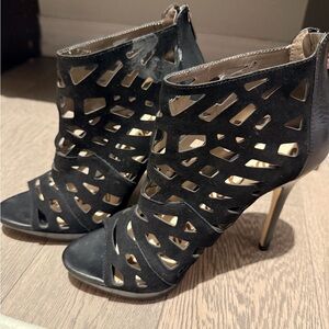 Sam Edelman Black Laser-Cut Open-Toe Stiletto Booties